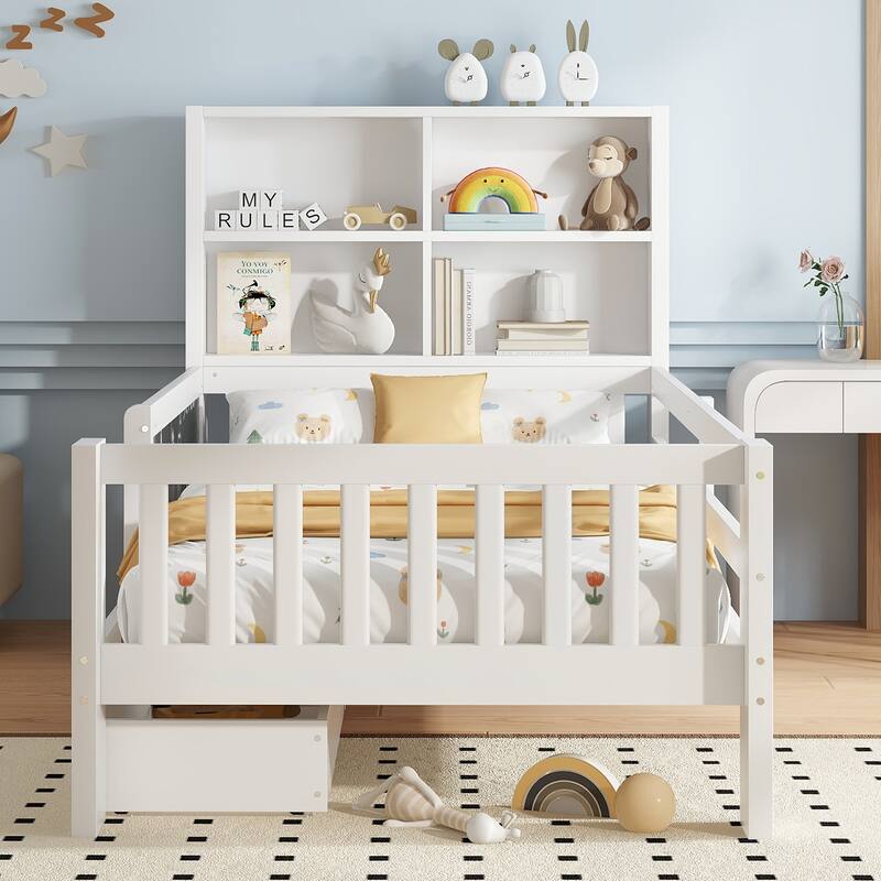 Childlike Fun Solid Wood Low-profile Platform Bed Storage Bed Frame with Side Chalkboard, Open Shelves, Drawers and Guardrails