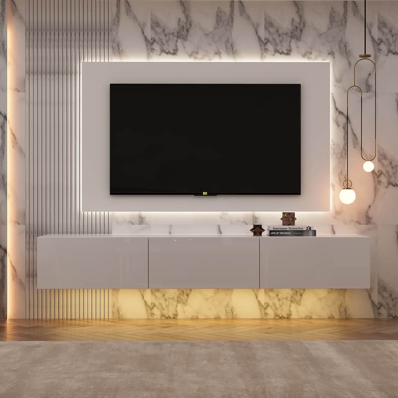63" Floating Entertainment Center, Wall Mount LED TV Stand High Gloss