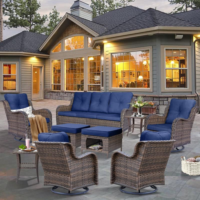 9 Piece Outdoor Patio Furniture Set Wicker Swivel Chair with Ottoman