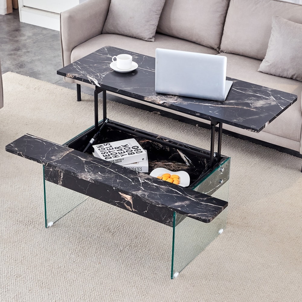 Roomfitters Lift Top Coffee Table with Glass Legs and Storage, Light Wood Grain Finish, Modern Living Room Style