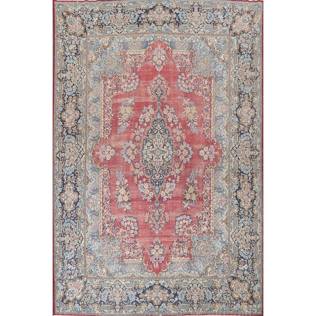 Antique Vegetable Dye Floral Kerman Persian Wool Area Rug Hand-knotted - 11'0" x 14'5"