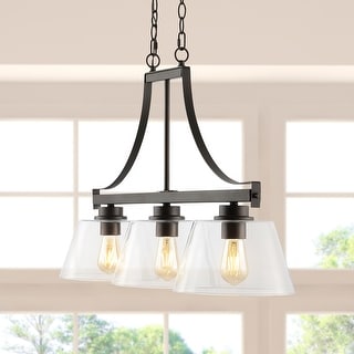 Caleb 36" 3-Light Industrial Farmhouse Iron/Glass Linear LED Pendant, Oil Rubbed Bronze/Clear by JONATHAN Y - 3 Light