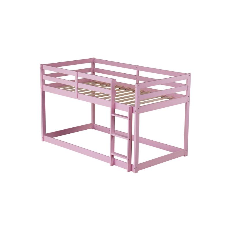 Pink Twin over Twin Solid Rubber Wood Bunk Bed with Ladder and Strengthened Slats
