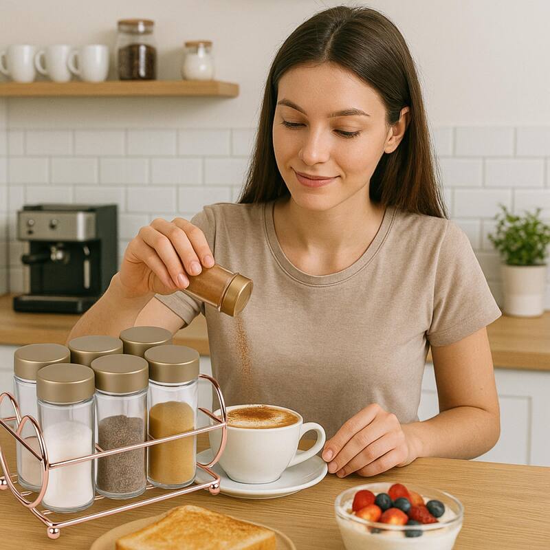 Creative Home Set of 6 Glass Spice Bottle Jar with Copper Plated Rack