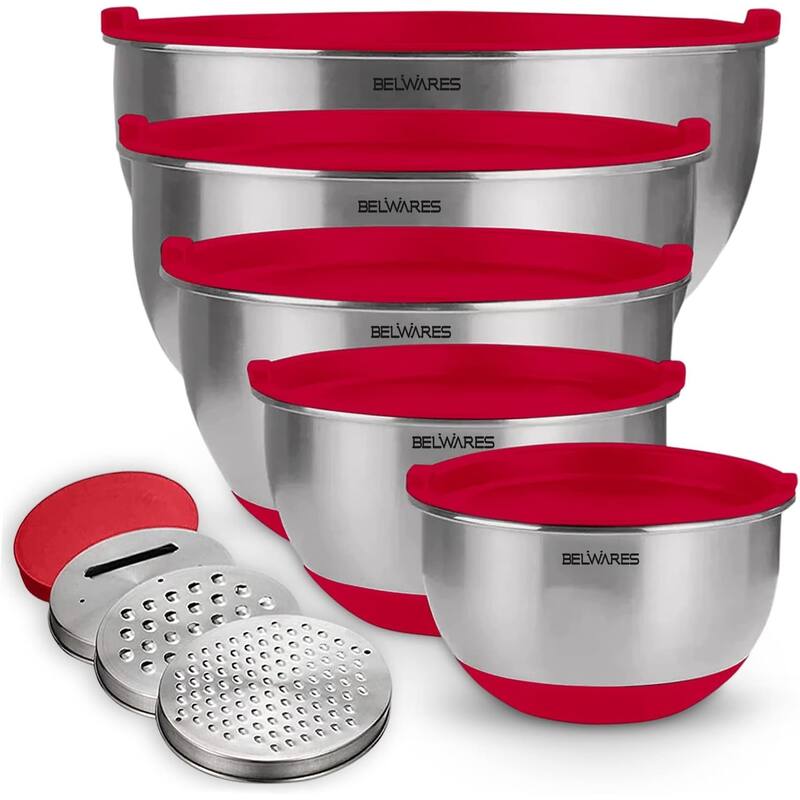 Belwares 5-Piece Stainless Steel Mixing Bowls with Airtight Lids and Graters - Non-Slip Nesting Bowls Set - Red