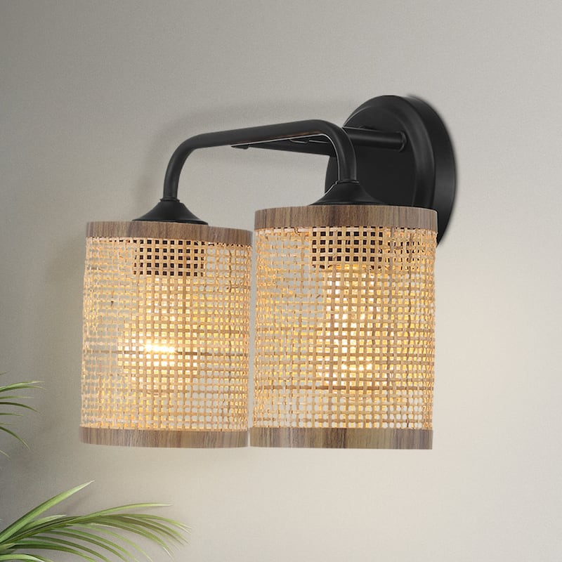 Beebu Double-Light Vanity Sconce with Rattan Shades