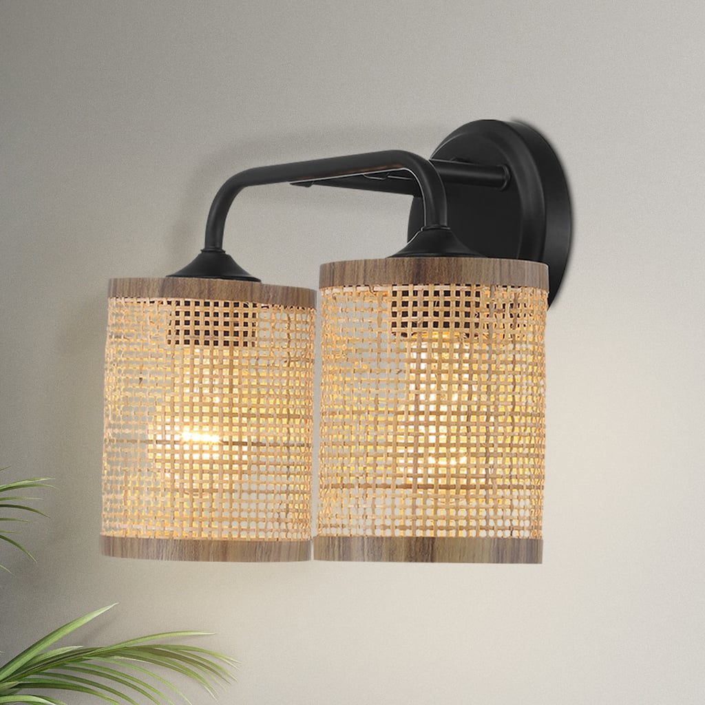 Beebu Double-Light Vanity Sconce with Rattan Shades