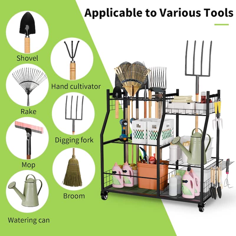 Freestanding Metal Tools Storage Cart Power Tool Organizer Shelf for Garage Workshop Yard with Wheels