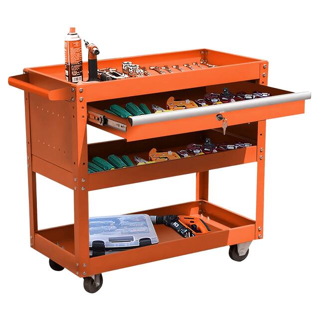3-Tier Rolling Tool Cart with Drawer Steel Utility Storage Tool Box - Orange