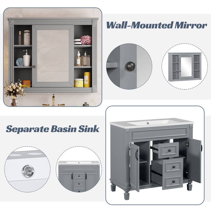 36" Bathroom Vanity with Mirror Cabinet, Ceramic Sink, Black Storage Cabinet with Soft-Close Doors & Drawers