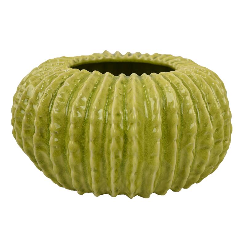 Decorative Planter, Melon Shape, Vertical Ribbed Texture, Green Ceramic