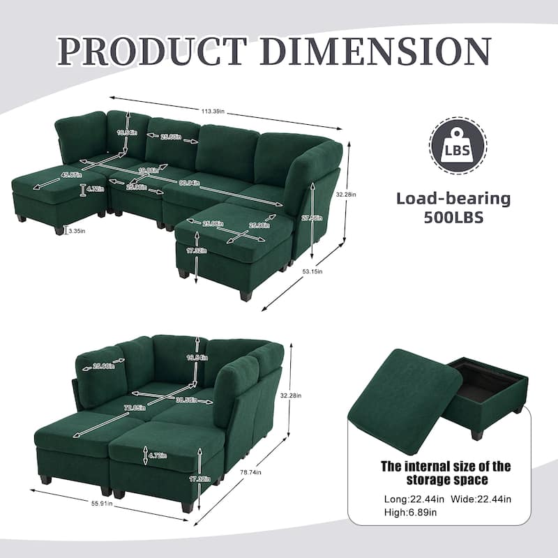 HOMEFUN 6-Seat Polyester Upholstered U-Shaped Modular Storage Sleeper Sectional Sofa with Storage Ottoman