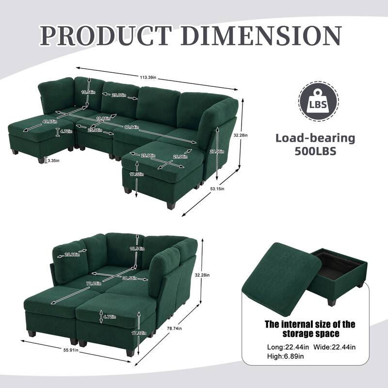 Modular Sleeper Sofa Bed U-shaped Sectional Couches with Hidden Storage Seat and Ottomans, Freely Combinable Chaise Lounge Sofa