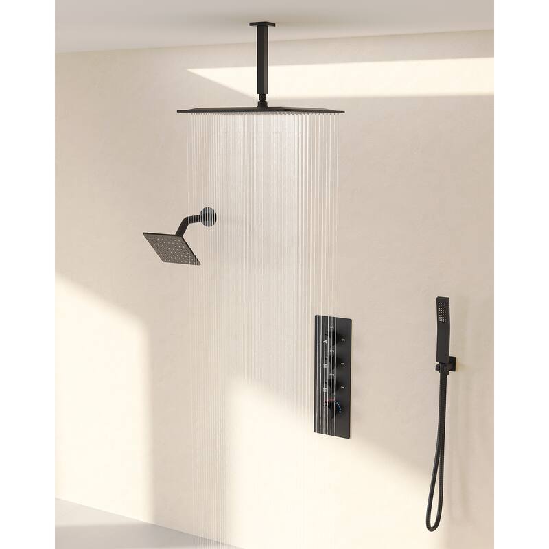 Dual Heads 16" Rainfall & High Pressure 6" Shower System w/ 3 Way Thermostatic Faucet 
