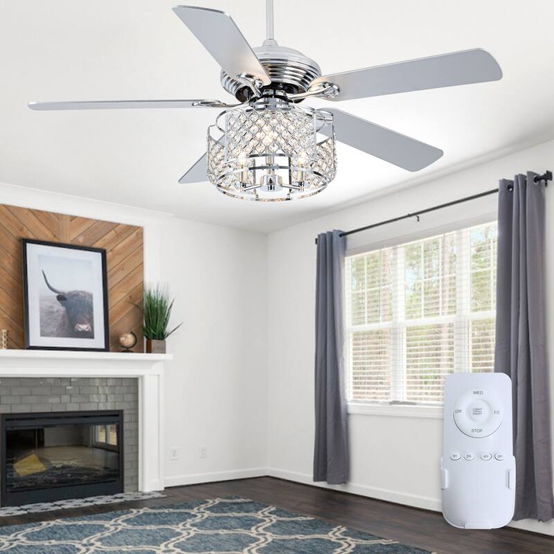 52in. Nickel 6-speed Reversible Crystal Ceiling Fan with Light and Remote - 52