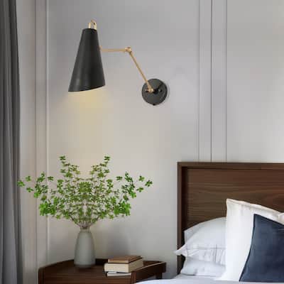 Wylan Modern 1-Light Plug-in Black Gold Swing Arm Lights Metal Wall Sconces