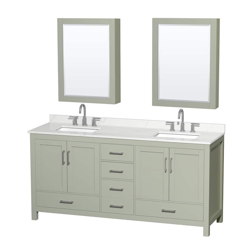 Sheffield 72-inch Double Vanity, 3 Hole Quartz Top, Med Cabinets - Light Green, Nickel Trim, Giotto Quartz Top