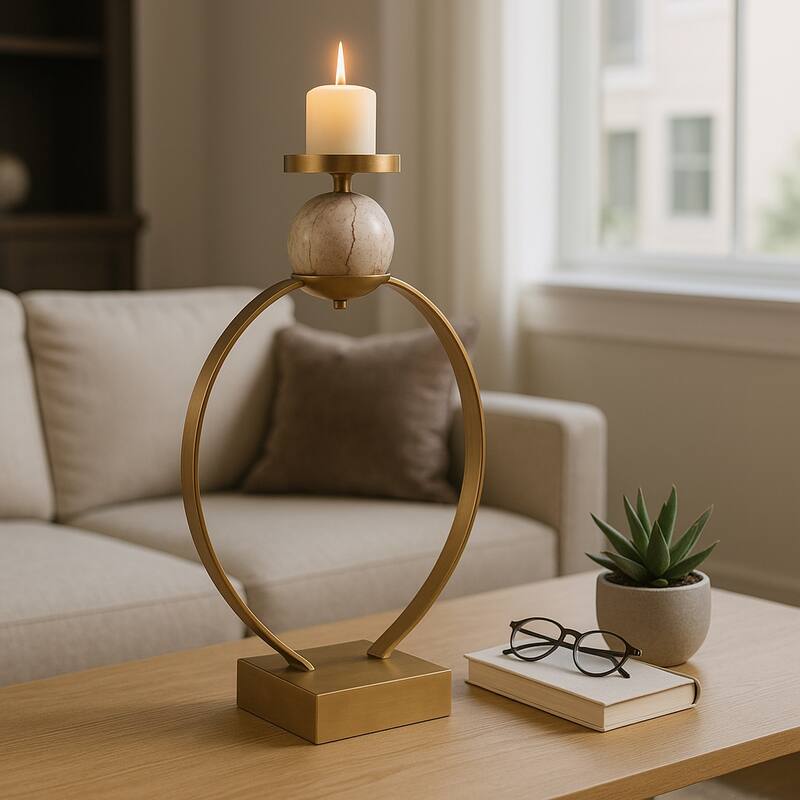 Candle Holder - Metal with Marble Sphere - Gold/ Metallic - 21.0"