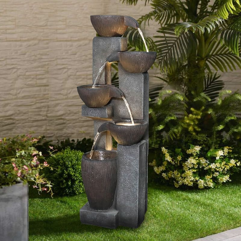 5-Tier Outdoor Water Fountain w/LED Lights Garden Waterfall for Home