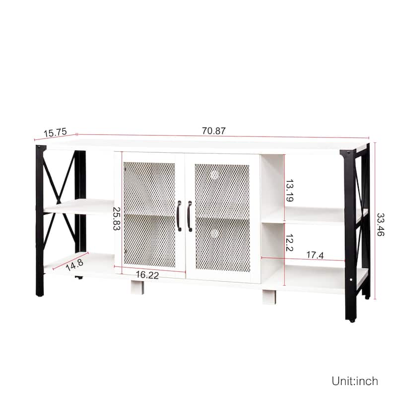80'' Farmhouse TV Stand, Wood and Metal Entertainment Center with Open Shelves & Mesh Door Storage