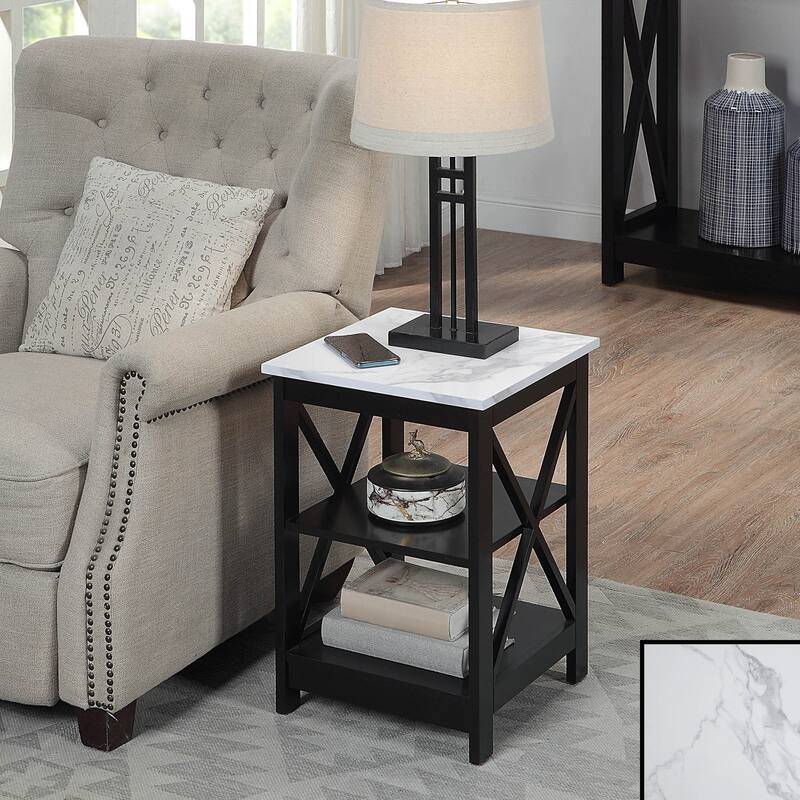 Copper Grove Cranesbill X-Base 3-Tier End Table with Shelves - White Faux Marble/Black