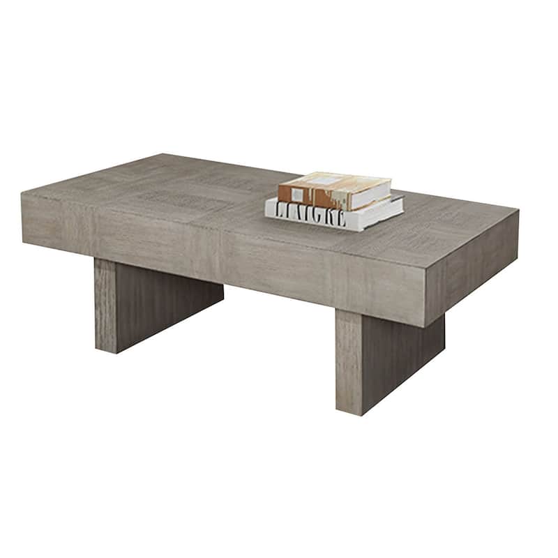 Lezy Coffee Table, 52 Inch, Gray Oak Wood Top, Double Pedestal Base