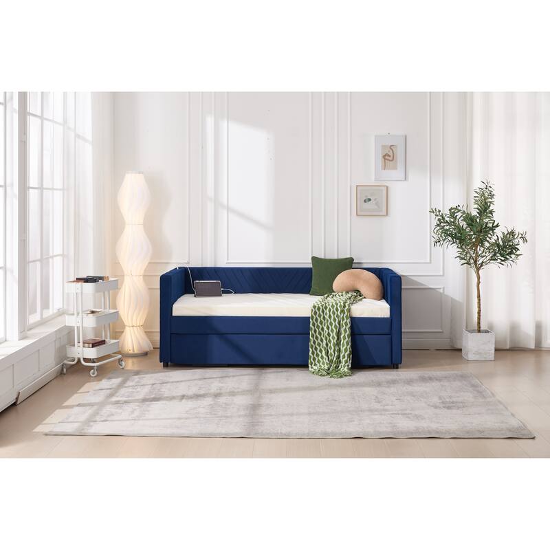 Twin Size Velvet Daybed with Trundle, USB Charging Port & Side Pockets, Modern Upholstered Sofa Bed with V-Pattern Backrest