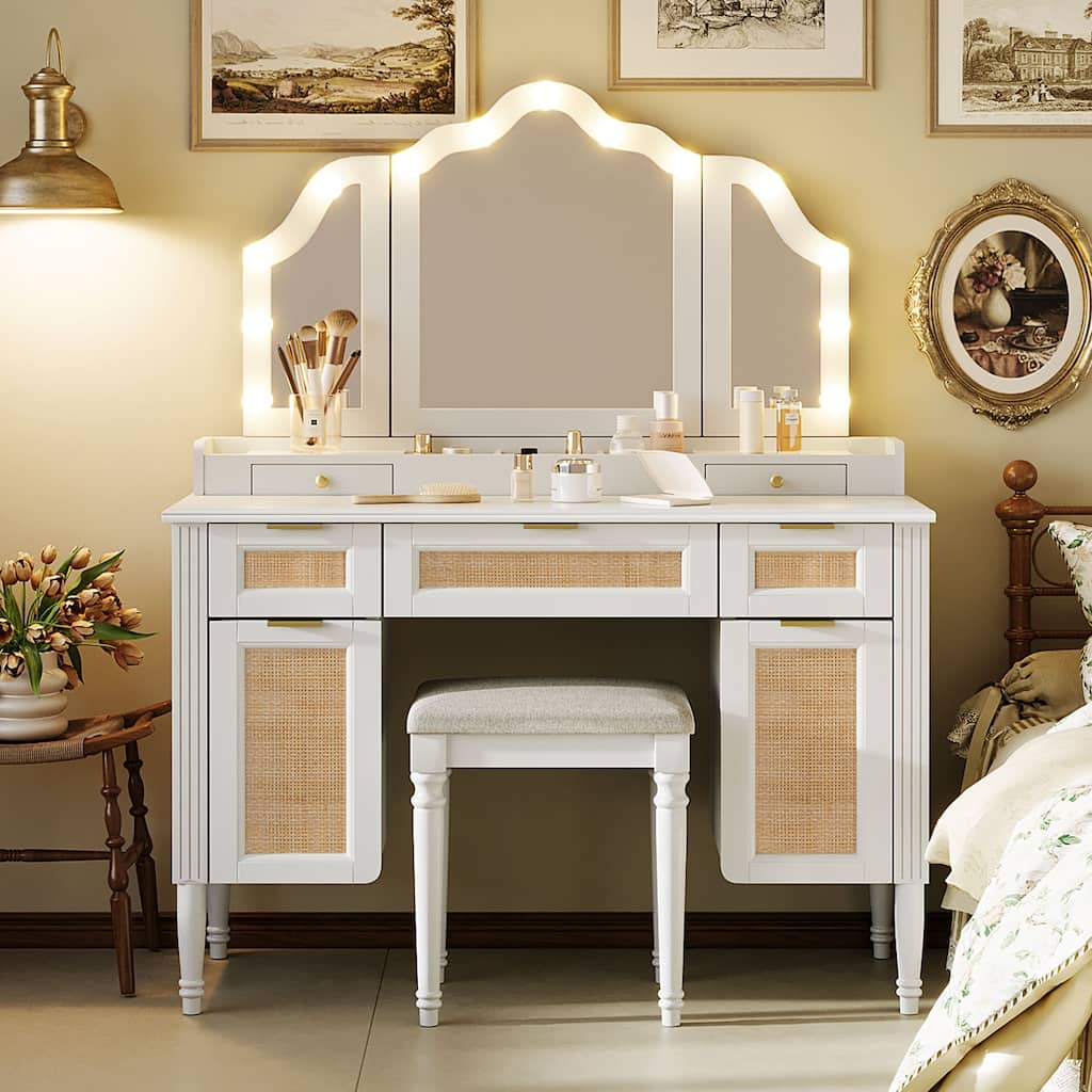 44.37" Makeup Vanity Desk with 13 Hollywood Bulbs and 3 Lighting Modes, Dressing Table with Tri-Fold Mirror