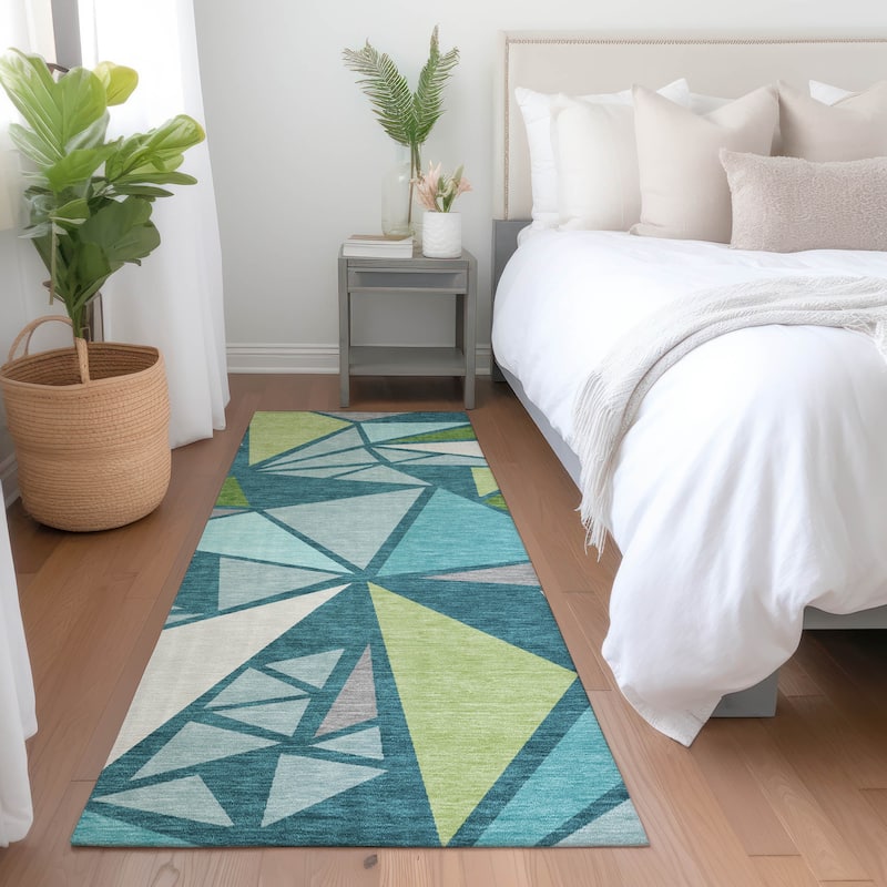 Machine Washable Indoor/ Outdoor Abstract Mosaic Chantille Rug - Teal - 2'3" x 7'6"