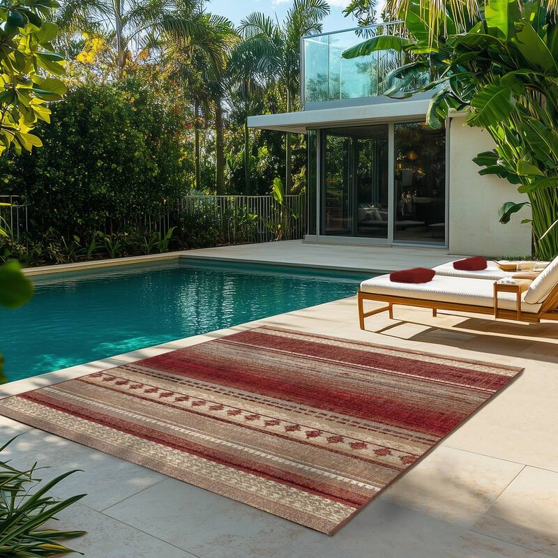 Gertmenian Lux Fuego Casual Red Brown Ombre UV Protected Fade Resistant Polypropylene Flatweave Indoor/ Outdoor Area Rug, 5x8