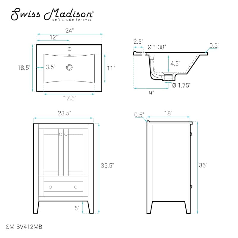 Cannes 24 In. White Bathroom Vanity With Black Ceramic Sink Top