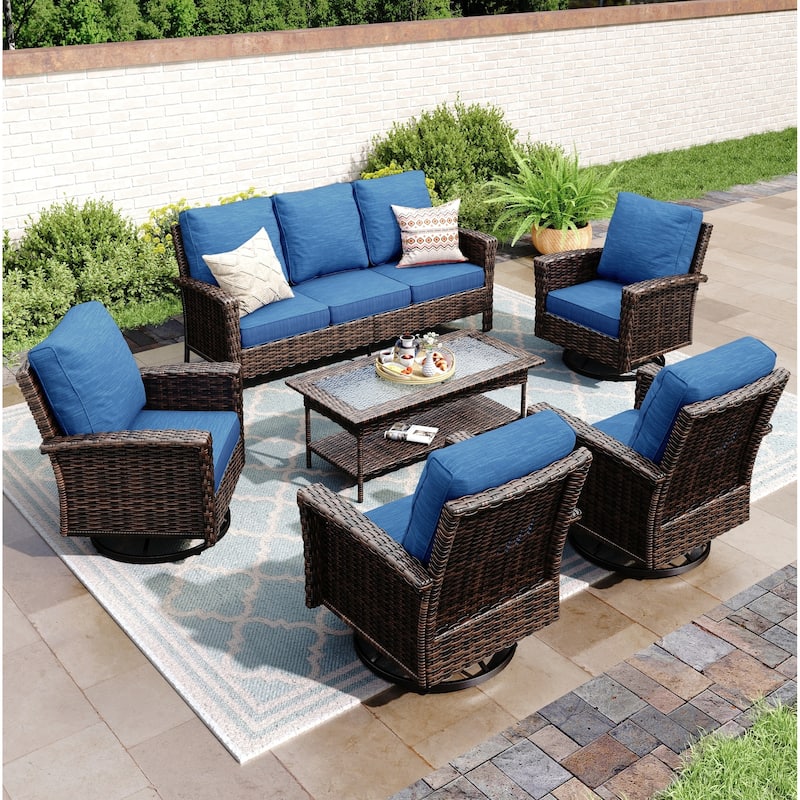 MAISON ARTS Extra-Large Patio Wicker Sofa Conversation Set with Coffee Table, Oversize Seat with 5.5'' Thick Padded Cushion - 7 Seats + 47'' Table - Navy Blue