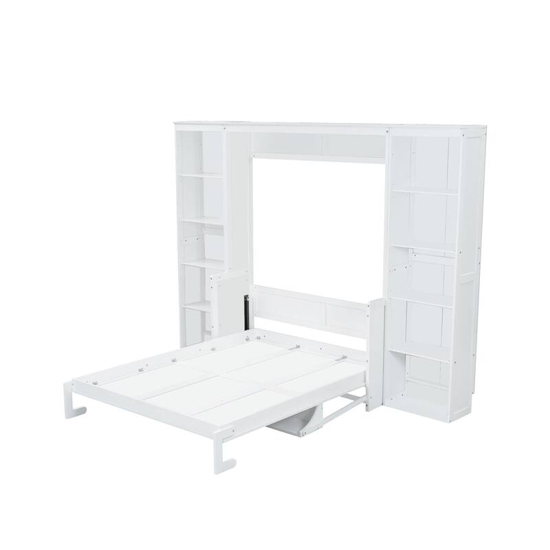 Full Size Murphy Bed with Desk, Bookshelf, and Storage, Space-Saving Design, White Finish