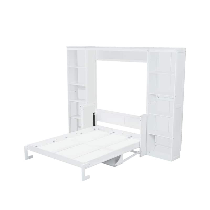 Large Murphy Bed, Wood Folding Wall Bed with Desk and Bookshelf