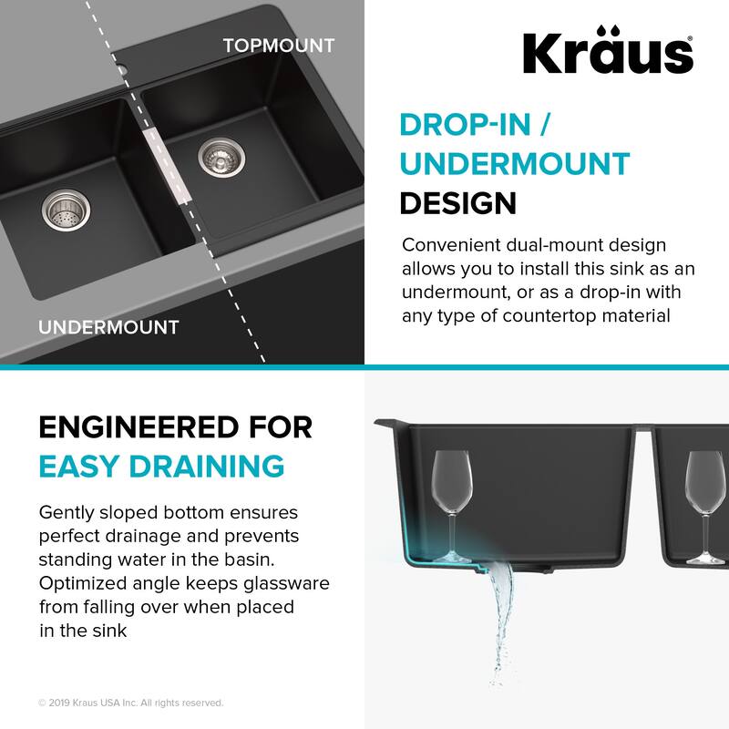 Kraus KGD-433-100-75MB Quarza 33" Undermount Double Basin Granite