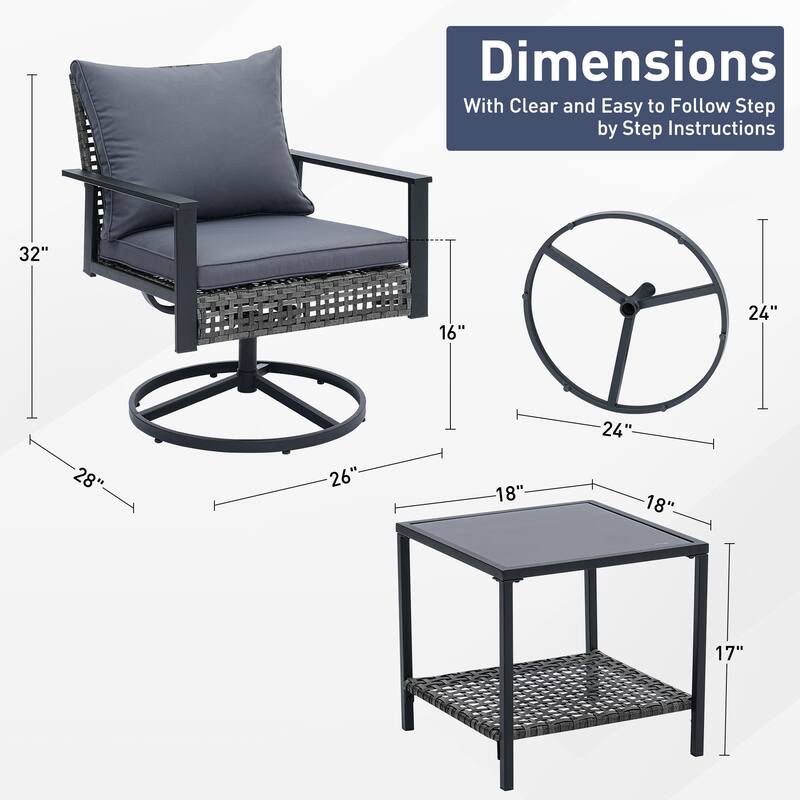 Ainfox 3 Pieces Patio Outdoor Furniture Set with Coffee Table, PE Wicker Swivel Rocking Chairs