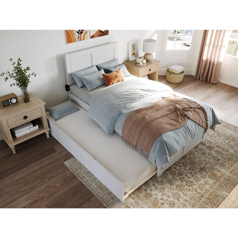 Twin Platform Bed with Trundle & USB - White Wood Bed Frame - Rustic Style
