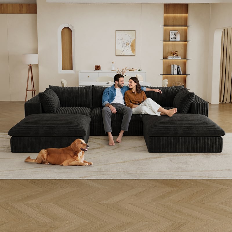 Modular Deep Seat Couch U-shaped Sectional Sofa with Chaise Lounge Corduroy Upholstered Sleeper Sofa Bed with Ottomans