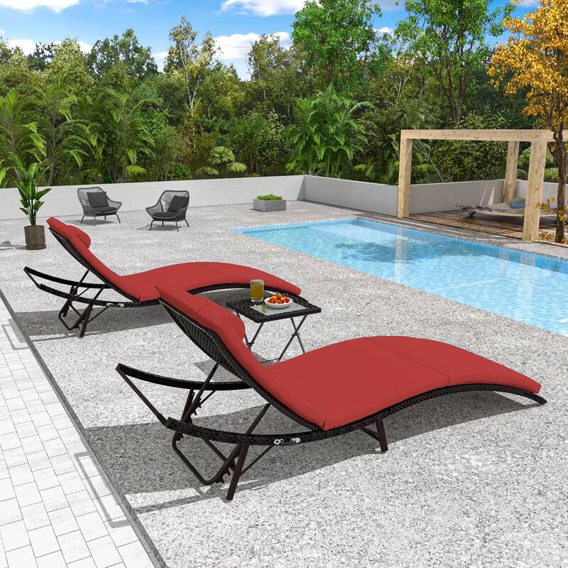 3-Pieces Wicker Outdoor Chaise Lounge Set w/ Two Foldable Lounge Chairs and one Side Table