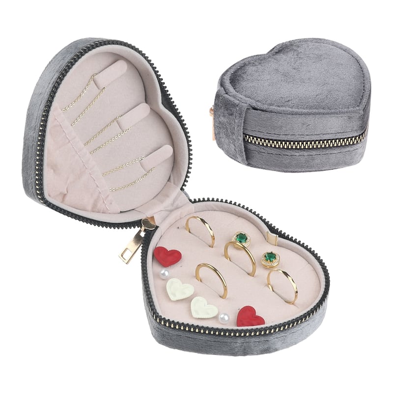 Travel Jewelry Box for Women, Small Portable Heart-Shaped Plush Velvet Jewelry Organizer Case Storage Display Holder - 10x10x5cm