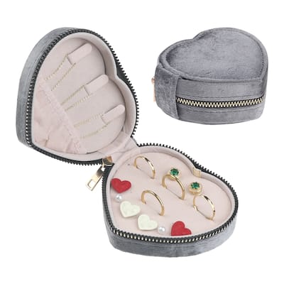 Travel Jewelry Box for Women, Small Portable Heart-Shaped Plush Velvet Jewelry Organizer Case Storage Display Holder - 10x10x5cm