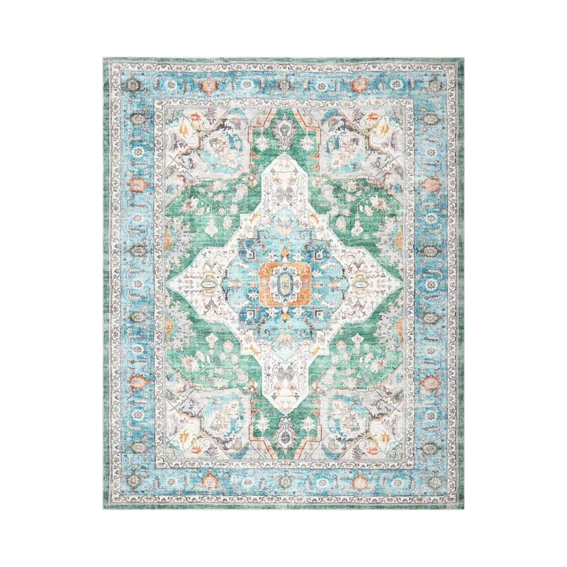 LoomBloom Washable Polyester Area Rug Green Arts & Crafts Machine Made