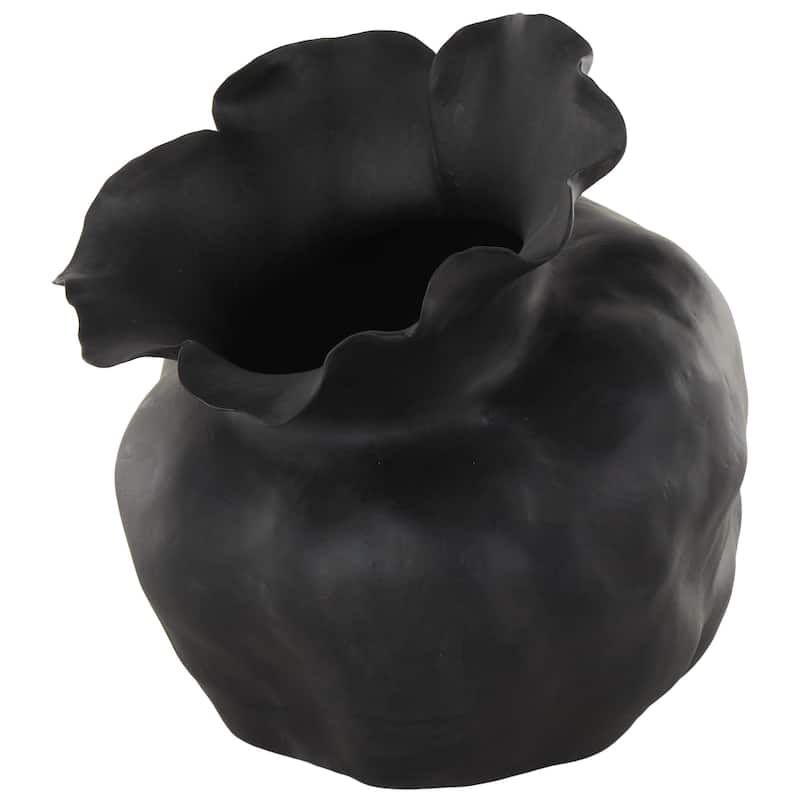 Ceramic Abstract Wide Rounded Floral Shaped Vase with Petal Rim - White or Black - Roche River Decor - Black