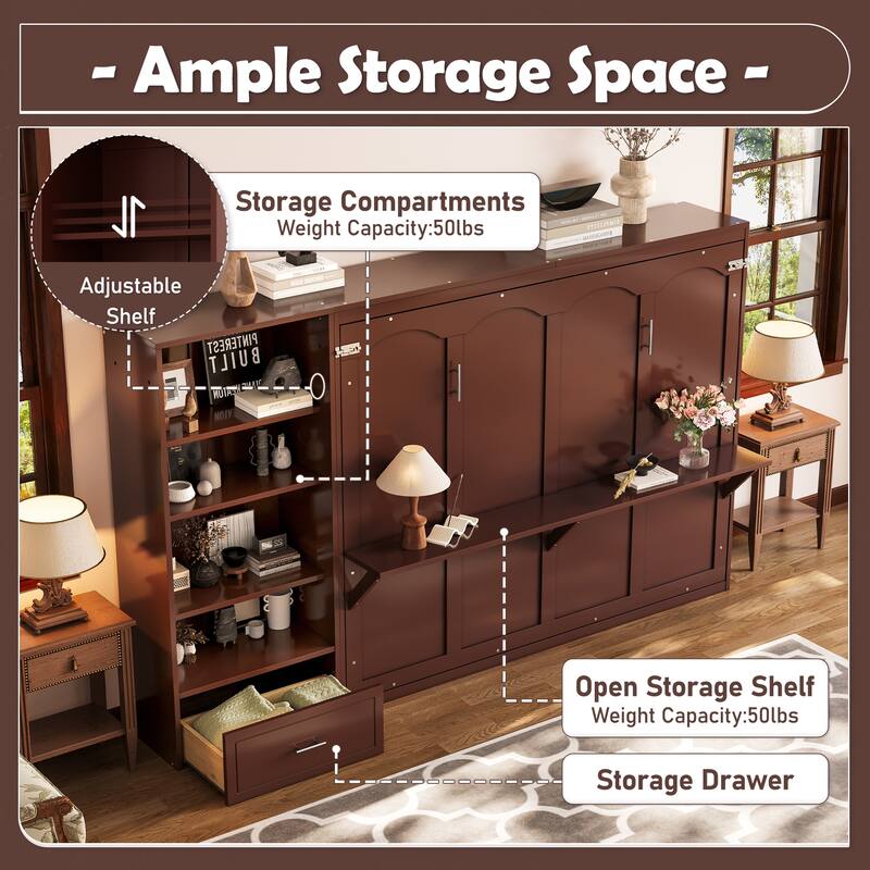 Murphy Bed Foldable Platform Bed Frame Queen Size Wall Bed with Drawer and Storage Cabinet Adjustable Height Compartments Shelf