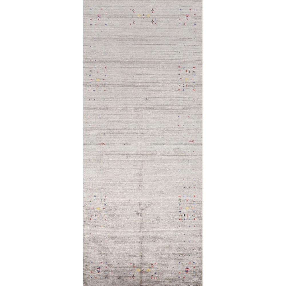 Hand Knotted Oriental Viscose Silk Carpet Tribal Animal Pictorial Greys & Charcoal Gabbeh Area Rug - 11' 8'' X 5' 0''