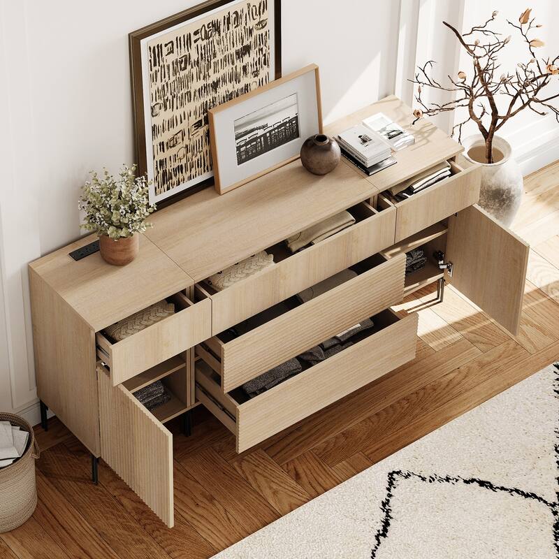 63" Modern Reeded Dresser TV Stand With Drawers, Entertainment Center With Charging Station