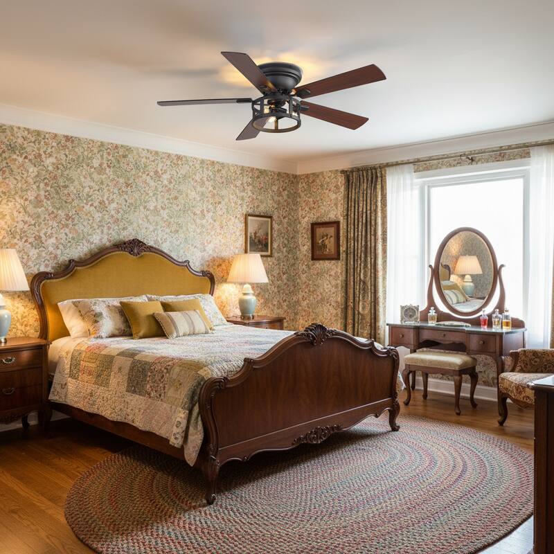 52-inch Flush Mount Caged Ceiling Fan with Light and Remote(5 Reversible Blades)