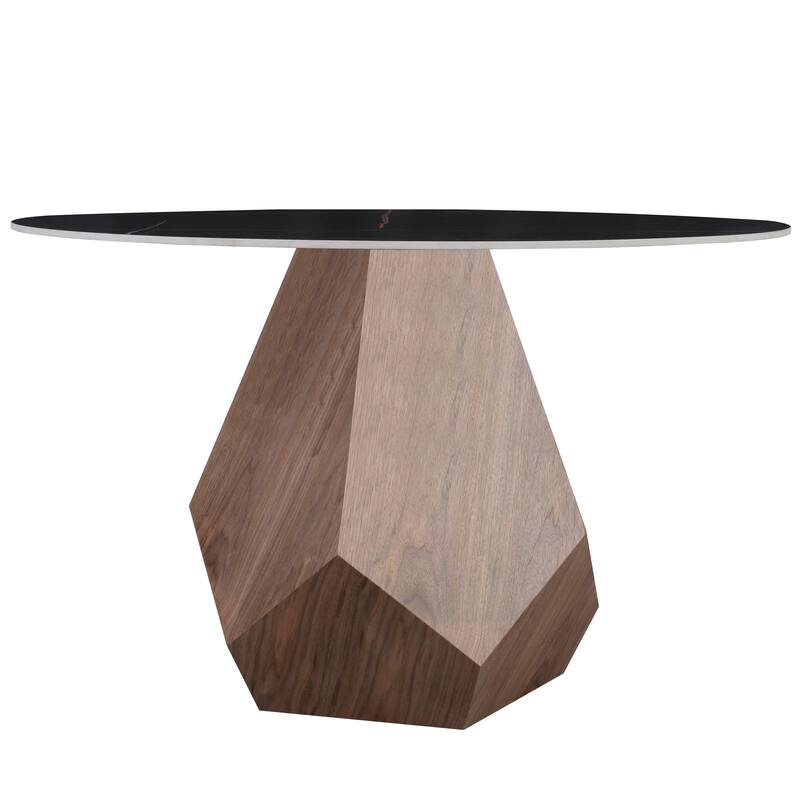 Nebo Round 47" Tempered Glass or Sintered Stone Top Dining Table with Geometric Design Ashwood Pedestal Base Kitchen Table
