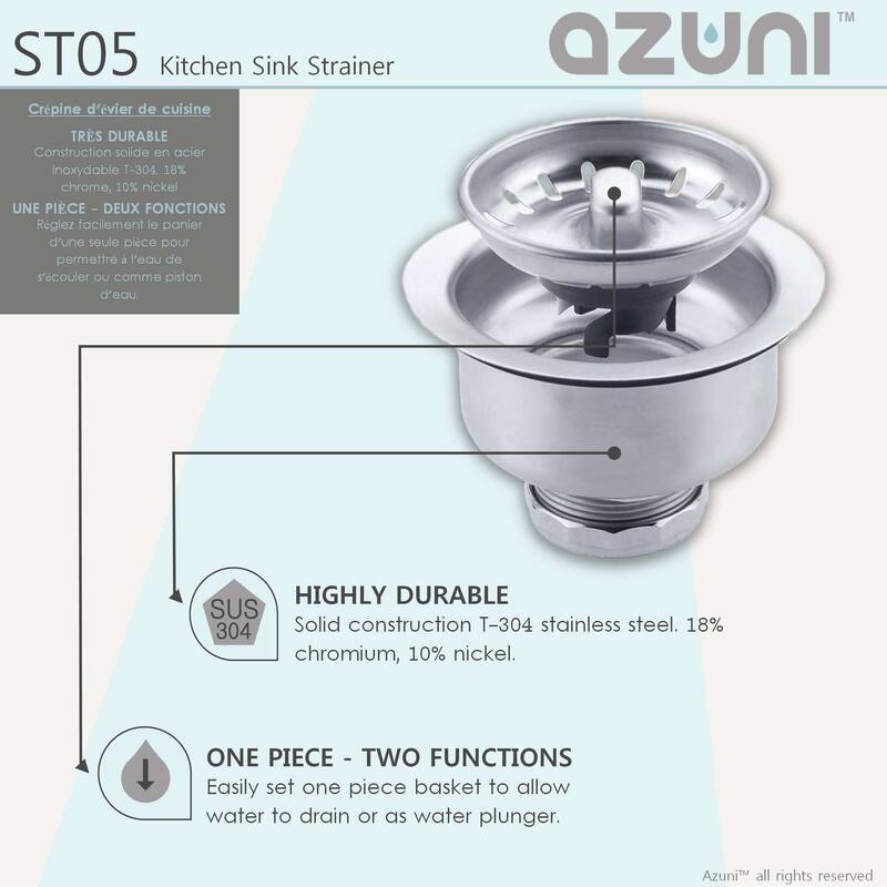 AZUNI 3.5 Inch Stainless Steel Kitchen Sink Strainer with Removable Waste Basket - Fits Standard 3.5" drain Opening.