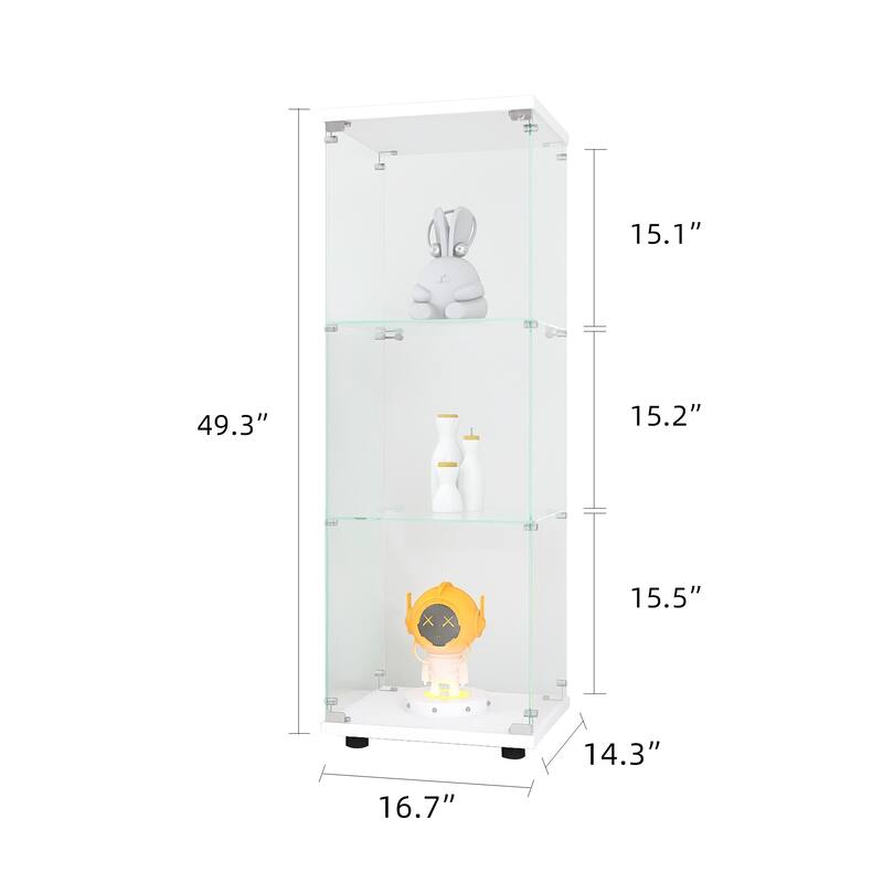 One-Door Glass Display Cabinet with 3 Shelves, Floor Standing Curio Bookshelf with Tempered Glass for Living Room Bedroom Office